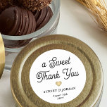 Sweet Thank You Elegant Retro Script Wedding Favou Classic Round Sticker<br><div class="desc">Add an elegant personalised touch to wedding reception or bridal shower party favours with "a sweet thank you" custom round stickers. All wording on this template is simple to customise for treat bag seals or gift tags. The modern black and white design features a gold faux foil heart, chic retro...</div>