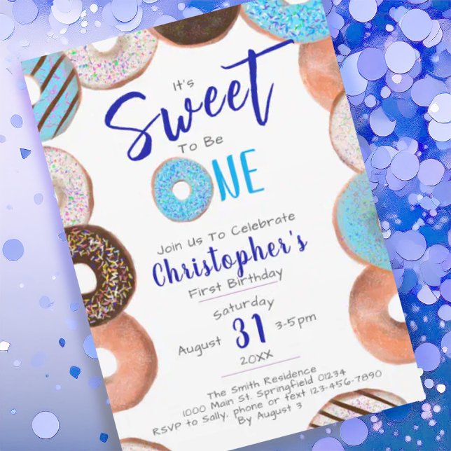 Sweet To Be One Doughnut Blue Boy 1st Birthday Par Invitation (Creator Uploaded)