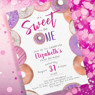 Sweet To Be One Doughnut Pink Girl 1st Birthday Pa Invitation
