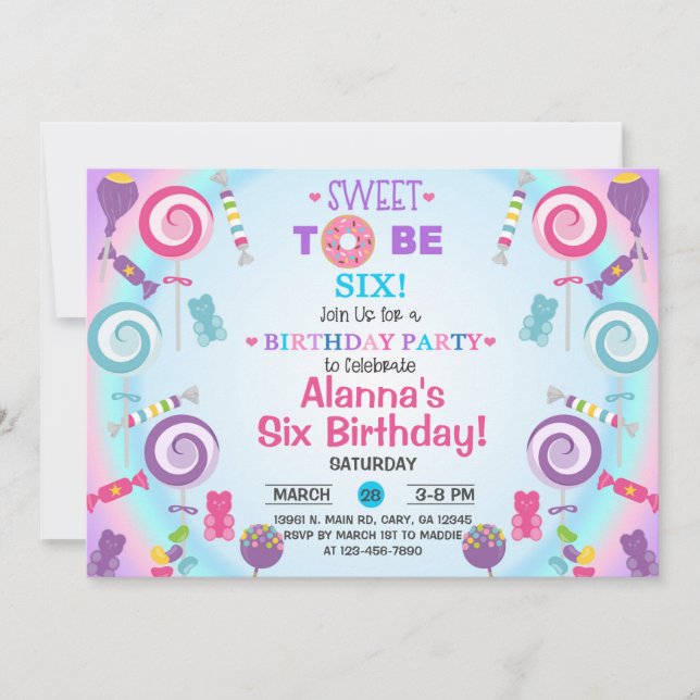 Sweet to be six candyland birthday invitation. inv invitation (Front)