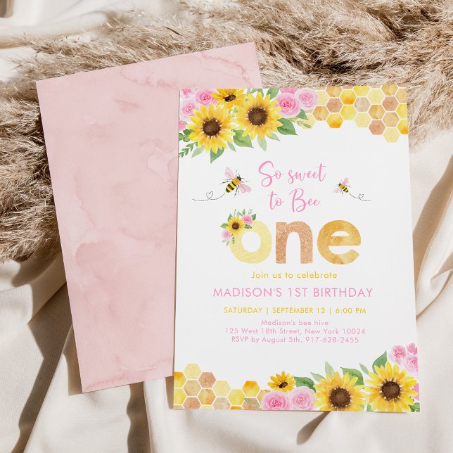 Sweet to Bee One Pink Floral Sunflower Birthday Invitation (Creator Uploaded)