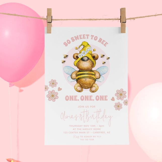 Sweet To Bee Pink Honey Bear 1st Birthday Invitation (Creator Uploaded)