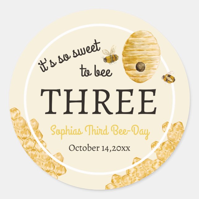 Sweet To Bee Three Third Birthday Bees Honeycomb Classic Round Sticker (Front)