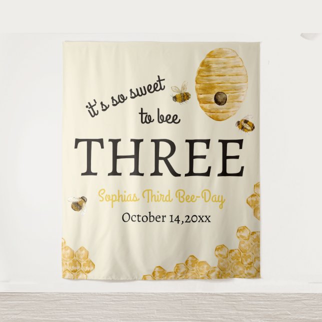 Sweet To Bee Three Third Birthday Bees Honeycomb Tapestry (Front)