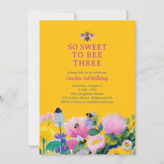 Sweet to Bee Three Whimsical Third Birthday Invitation (Front)