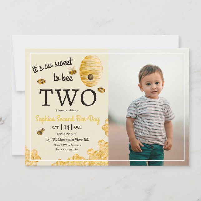 Sweet to Bee Two Honeycomb Bees 2nd Birthday Photo Invitation (Front)