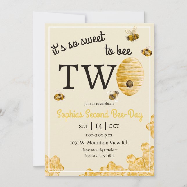 Sweet to Bee Two Honeycomb Bees Second Birthday Invitation (Front)