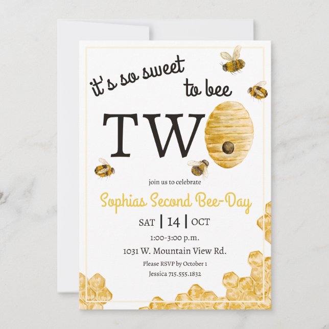 Sweet to Bee Two Honeycomb Bees Second Birthday Invitation (Front)