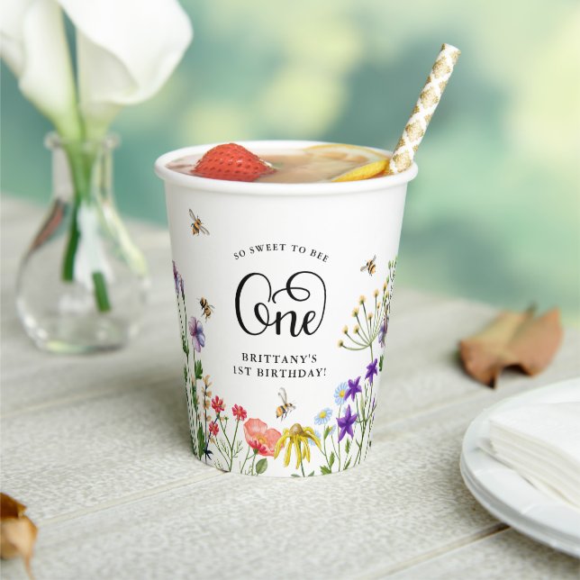 'Sweet to Bee' Wildflower & BumbleBee 1st Birthday Paper Cups (Insitu)