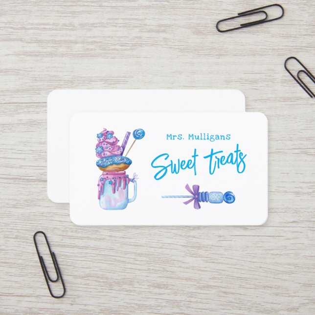 Sweet Treats Blue Purple Business Card (Front/Back In Situ)