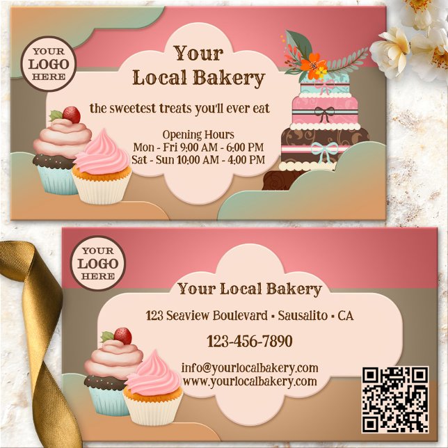 Sweet Treats Cupcake Bakery Business Card (Sweet bakery business card showing a retro design with cupcakes and a large wedding or birthday cake)
