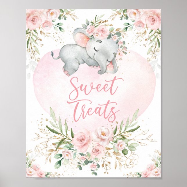 Sweet Treats | Dreamy Baby Elephant Blush Floral Poster (Front)