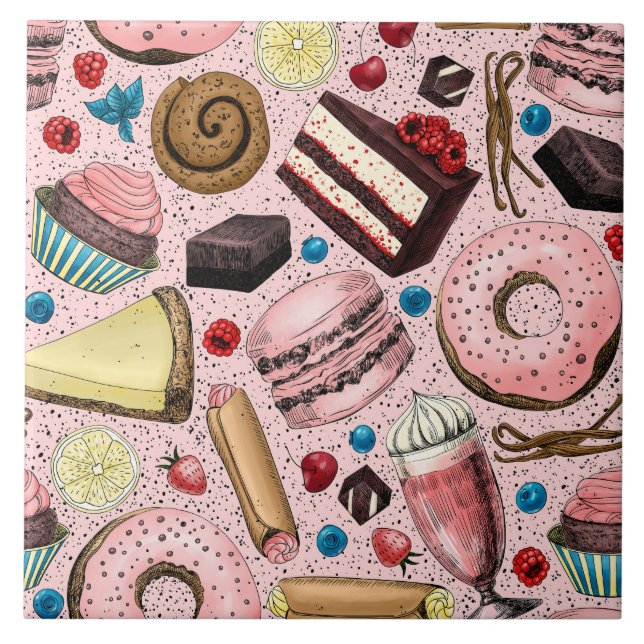 Sweet treats on pink tile (Front)