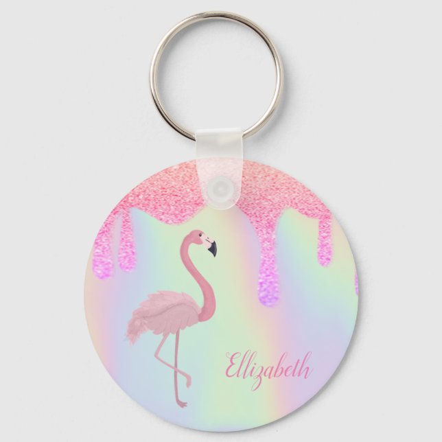 Sweet Trendy Holographic, Pink Flamingo Key Ring (Front)