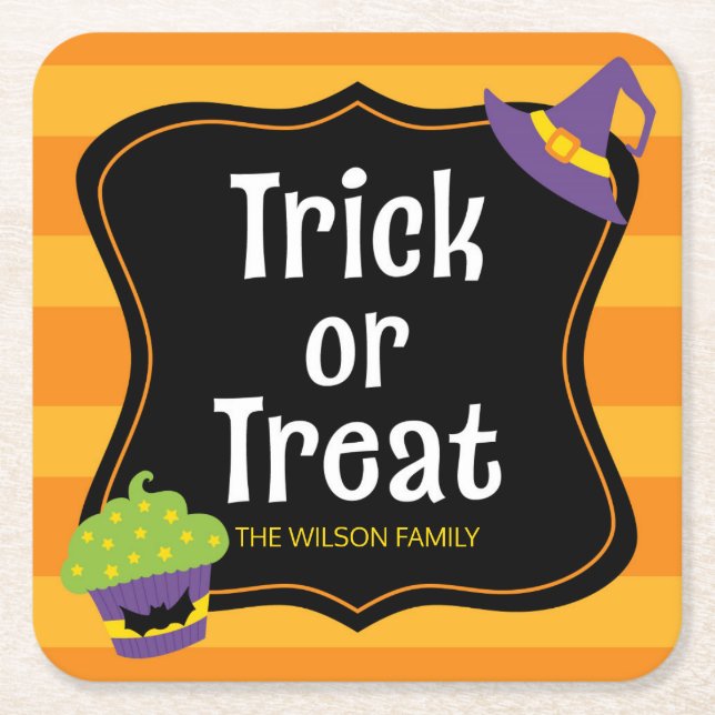 Sweet Trick or Treat Halloween Party Square Paper Coaster (Front)