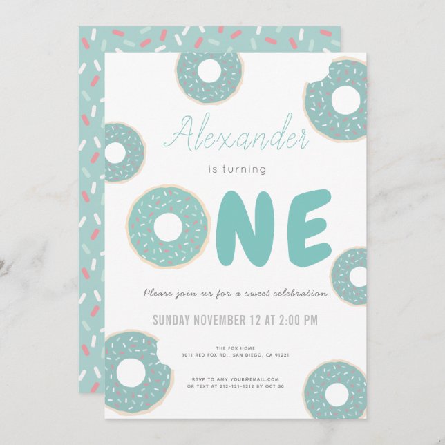 Sweet Turquoise Blue Doughnut Boy 1st Birthday Invitation (Front/Back)