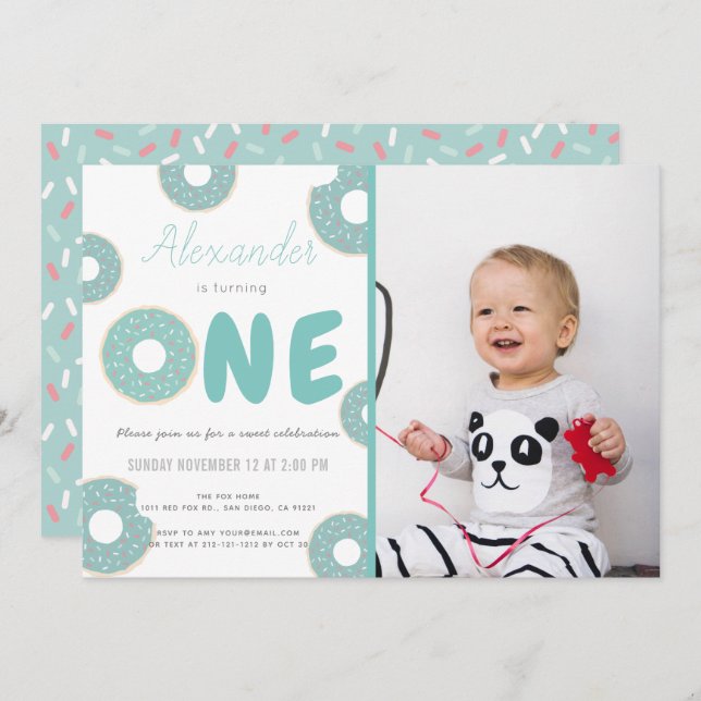 Sweet Turquoise Blue Doughnut Boy Photo 1st Birthd Invitation (Front/Back)