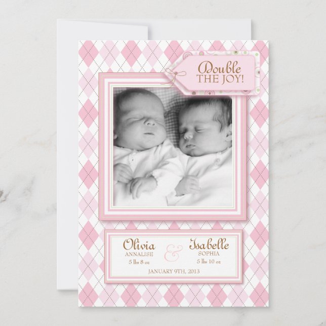 Sweet Twin Girl Argyle Photo Birth Announcement (Front)