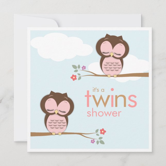 Sweet Twins Hoot Owls Pink Baby Shower Invitation (Front)