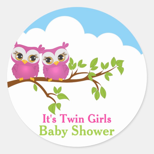 Sweet Twins Owls Girl Baby Shower Sticker (Front)