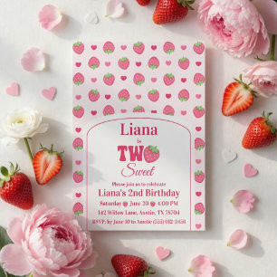Sweet Two Cute Pink Strawberry Girl 2nd Birthday Invitation