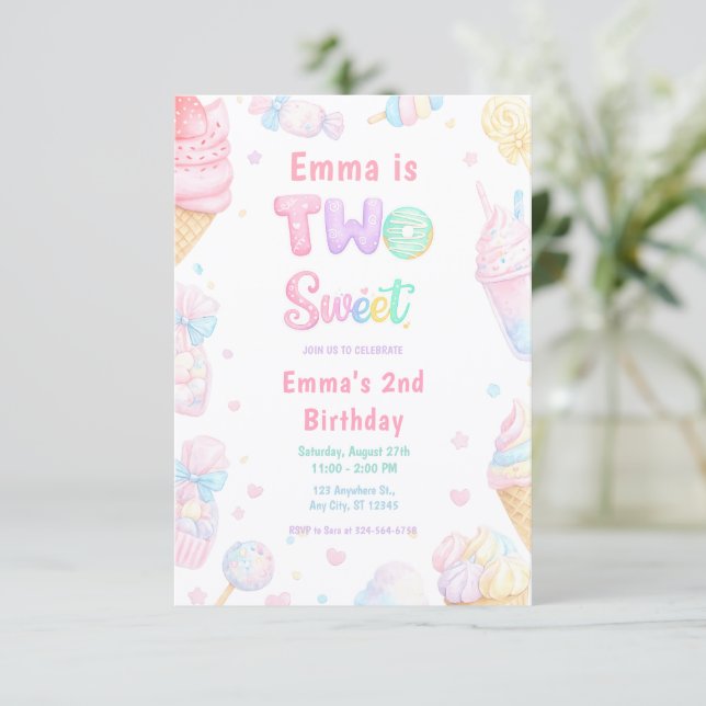 Sweet Two Pastel Candy Birthday Party Invitation (Standing Front)