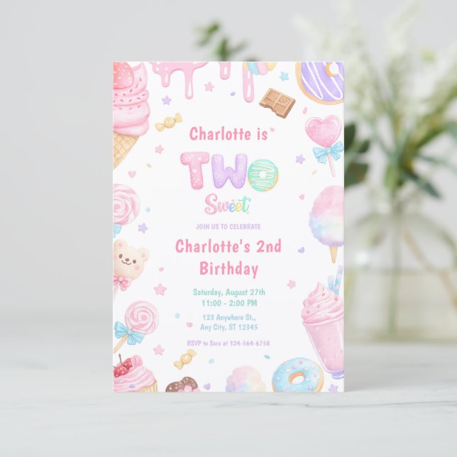 Sweet Two Pastel Candy Birthday Party Invitation (Standing Front)