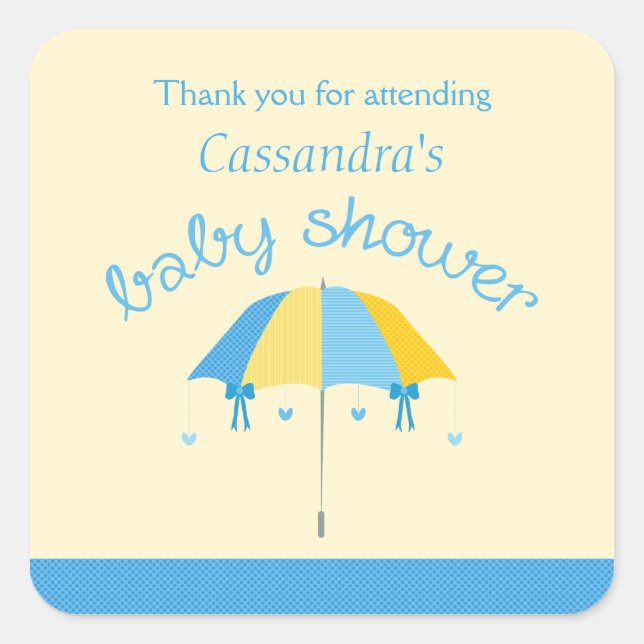 Sweet Umbrella Baby Shower Blue Yellow Thank You Square Sticker (Front)