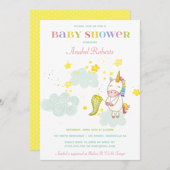Sweet Unicorn Baby Shower Invitation (Front/Back)