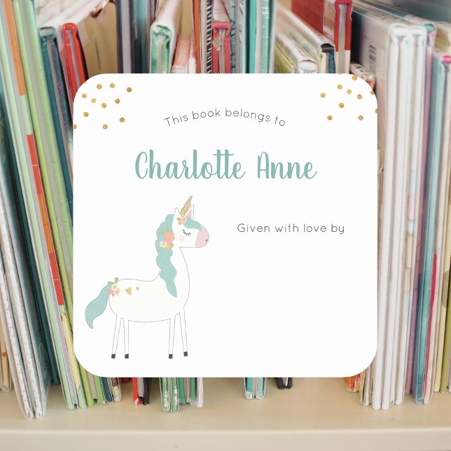 Sweet unicorn children's bookplate square sticker (Creator Uploaded)