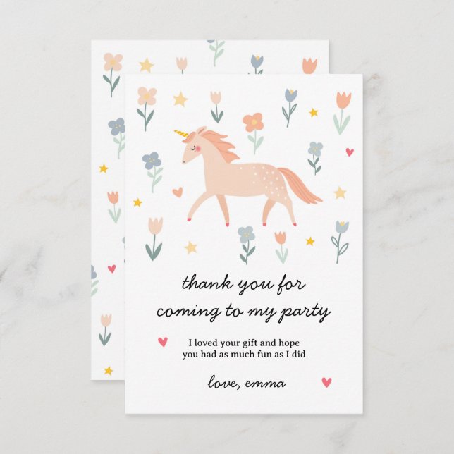 Sweet Unicorn Floral Flat Thank You Card (Front/Back)