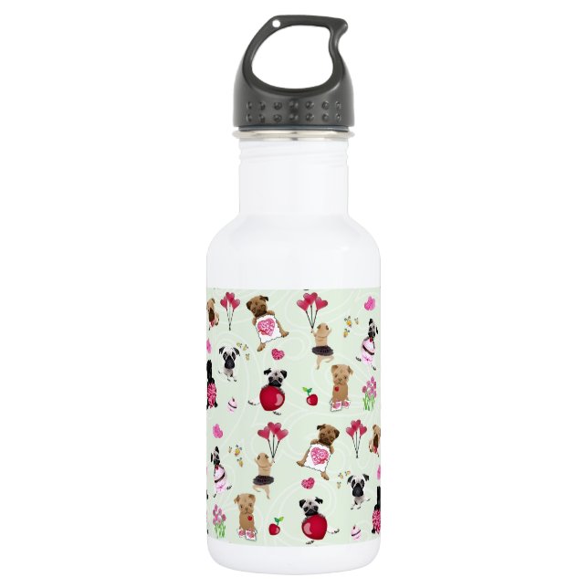 Sweet Valentine Pugs on Pastel Green Background 532 Ml Water Bottle (Front)