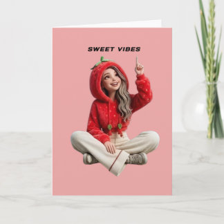 Sweet vibes cute strawberry hoodie character pink card