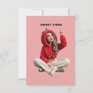 Sweet vibes cute strawberry hoodie character pink thank you card
