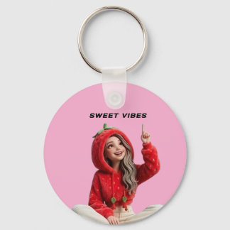 Sweet vibes Cute Strawberry hoodie girl Key Ring