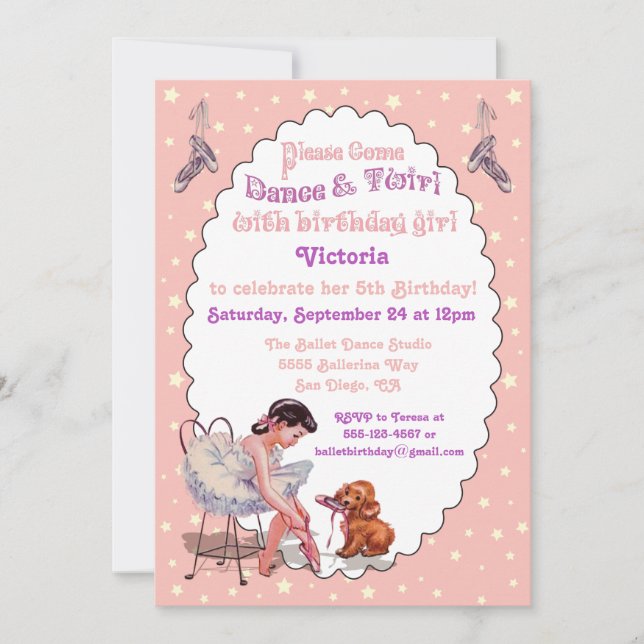 Sweet Vintage Ballerina Ballet Birthday Party Invitation (Front)