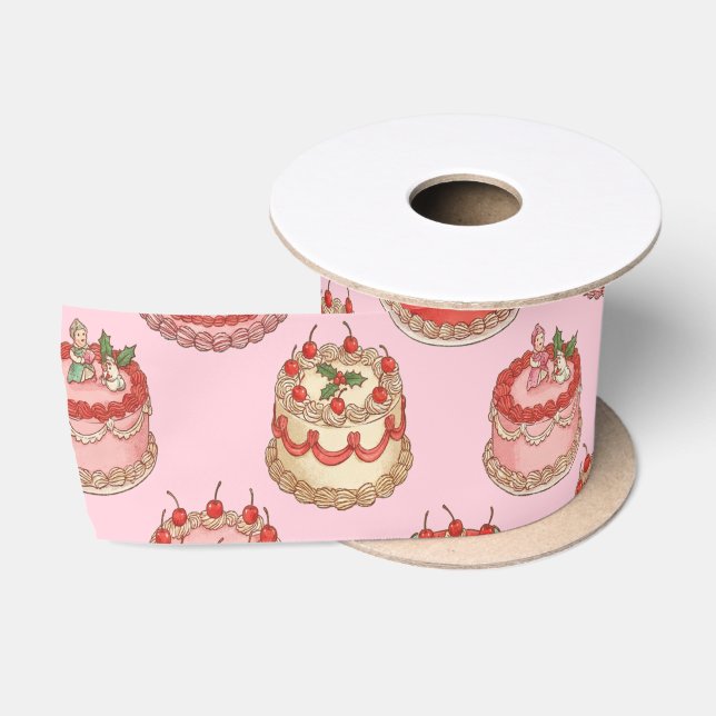 Sweet Vintage Cake and Cherries Pattern Satin Ribbon (Spool)