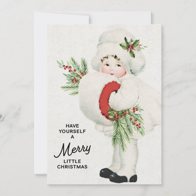 Sweet Vintage Christmas Girl with Greenery Holiday Card (Front)