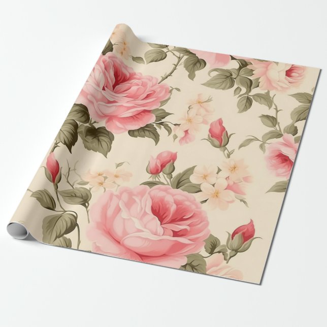 Sweet Vintage English Roses Wrapping Paper (Unrolled)