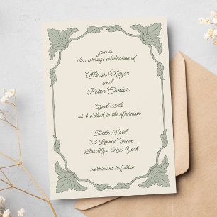 Sweet Vintage Whimsical Green Leaf Wedding Invitation