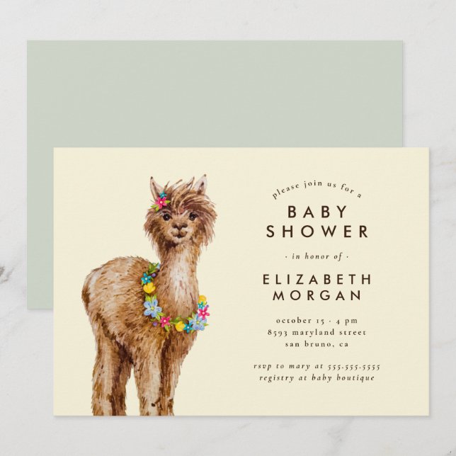Sweet Watercolor Alpaca Baby Shower Invitation (Front/Back)