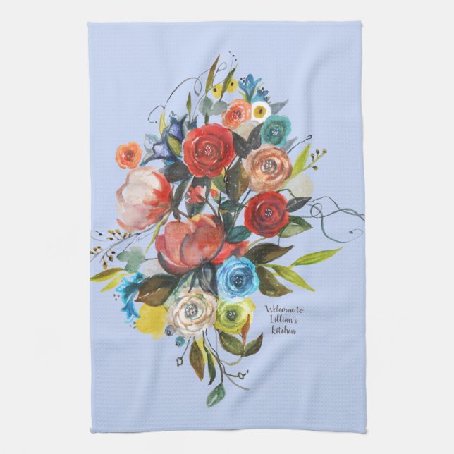 Sweet Watercolor Bouquet Periwinkle Customisable Tea Towel (Vertical)