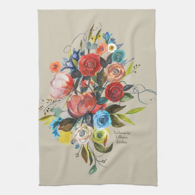 Sweet Watercolor Bouquet Taupe Customisable Tea Towel (Vertical)