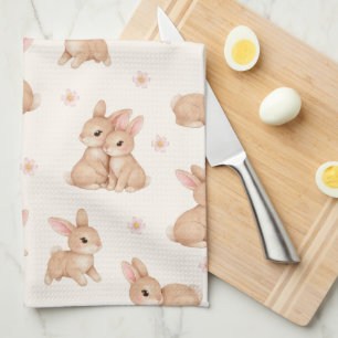 Sweet Watercolor Bunnies & Flowers Pattern  Tea Towel
