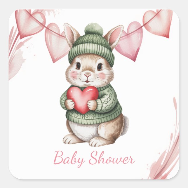 Sweet Watercolor Bunny Baby Shower Square Sticker (Front)