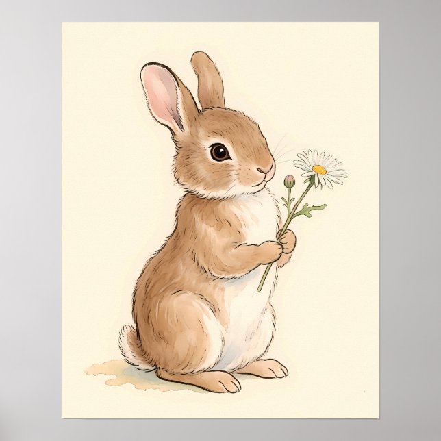Sweet Watercolor Bunny Holding Daisy Flower Poster (Front)