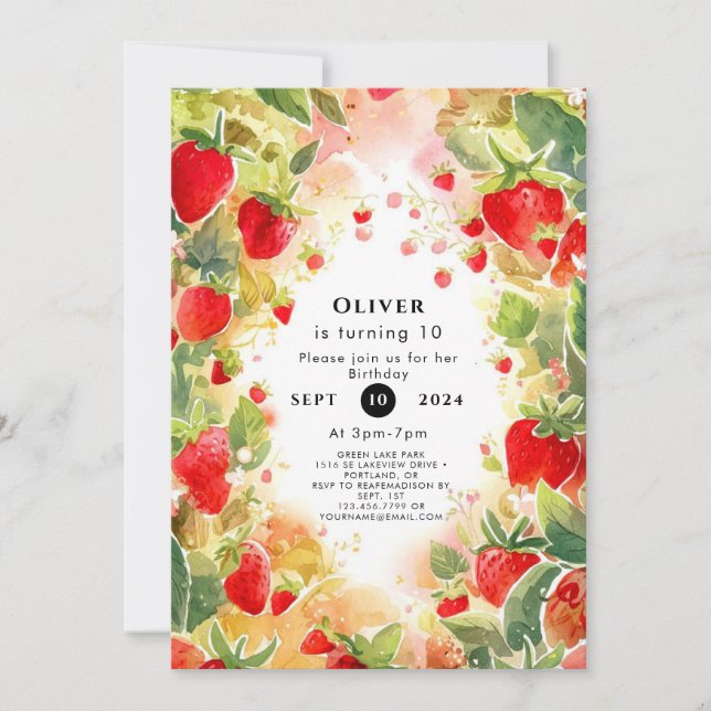Sweet Watercolor Colourful Strawberry Birthday Invitation (Front)