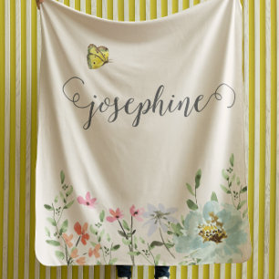 Sweet Watercolor Floral Butterfly Girl Custom Fleece Blanket