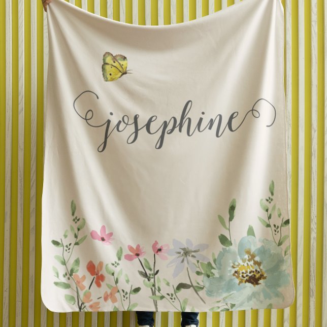 Sweet Watercolor Floral Butterfly Girl Custom Fleece Blanket (Baby girl floral personalized blanket.)