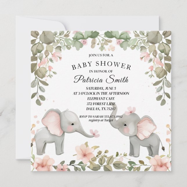 Sweet Watercolor Floral Elephant Baby Shower Invitation (Front)